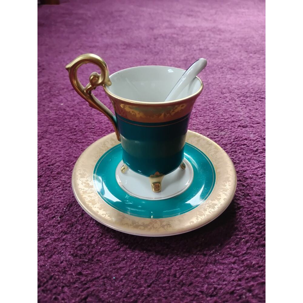 vintage German turquoise and gold porcelain footed espresso cup and saucer...